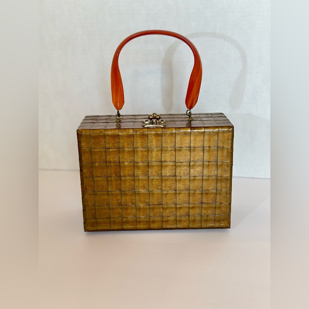 Beautiful 1960s Wood Box Purse w Brown and Gold Iridescent Weaved Style Finish